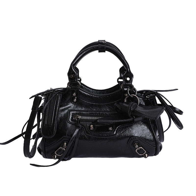 Retro Rivet Moto Bag Women's Fashion 2026 Trendy Small Crossbody Handbag with Tassel Details