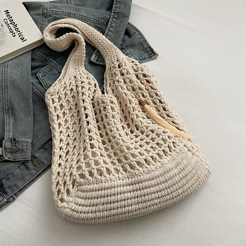 Women's Shoulder Bag Hollow Knitted Tote Bag Beach Vacation Simple Large Capacity Daily Commuter Hand-Carrying Bag