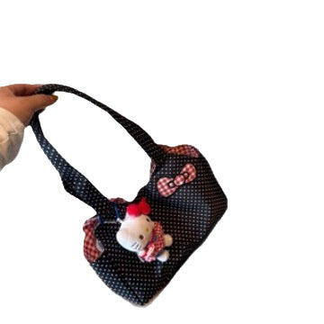 Cute Polka Dot Tote Bag with Red Checkered Bow and Hello Kitty Charm, Perfect for Daily Use