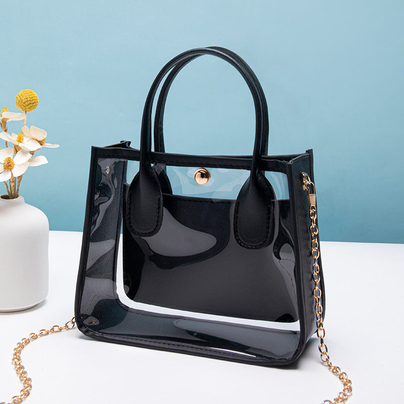 Women's Cross-Body Bag Handbag Transparent PVC Tote Bag with Leather Edge Chain Crossbody Handbag