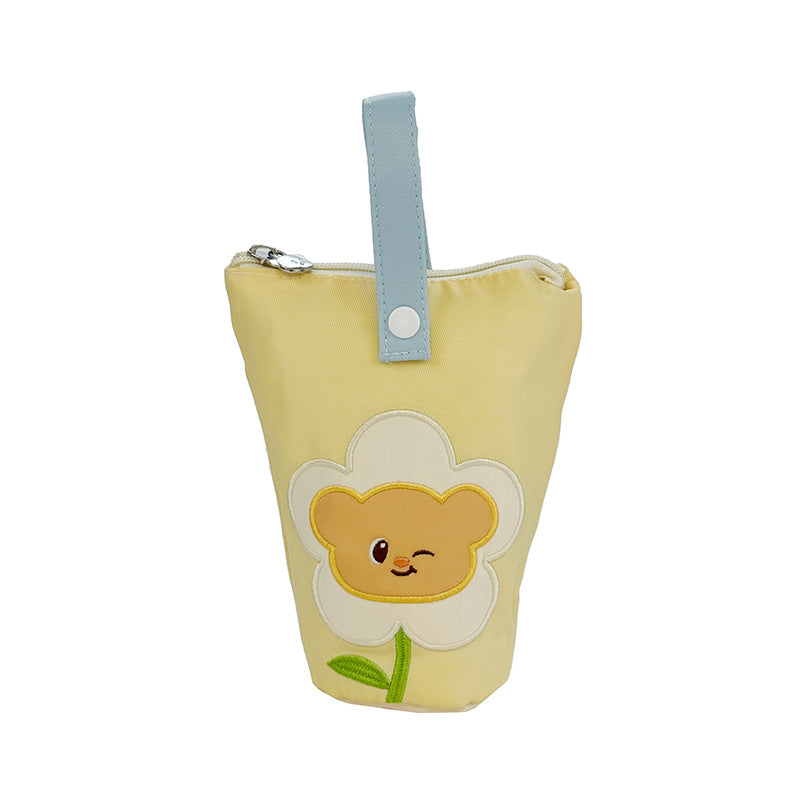 Cute Floral Bear Bucket Bag for Students and Daily Use, Soft Canvas Handbag with Zipper Closure
