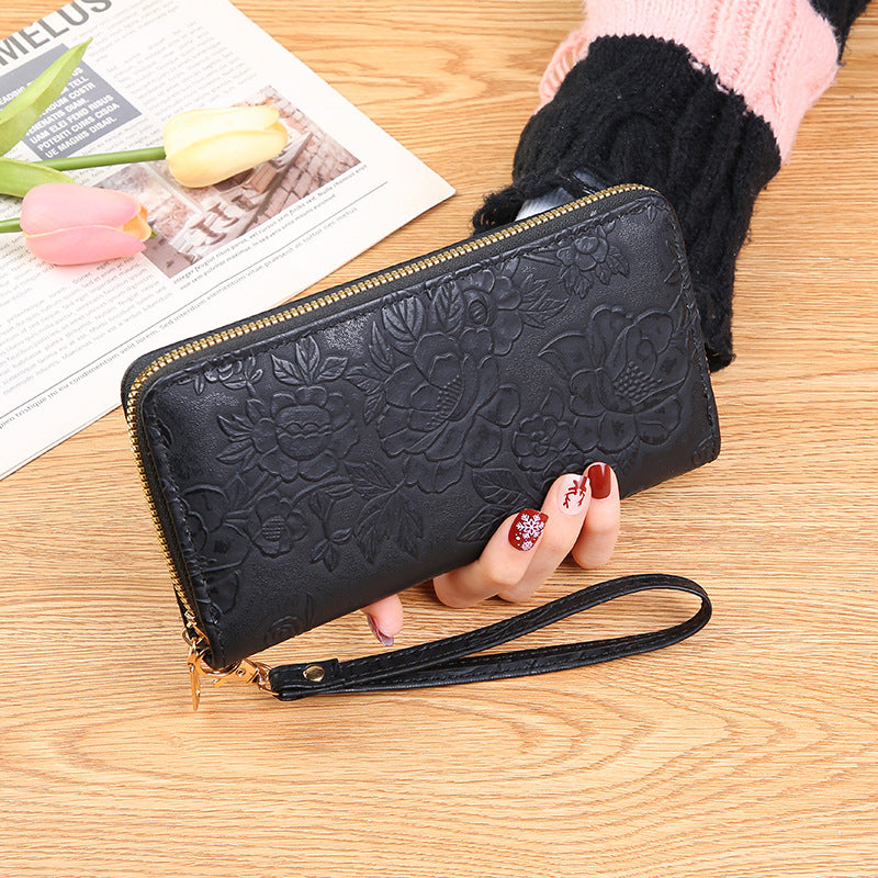Elegant Floral Embossed Long Wallet with Zipper and Wrist Strap, Fashionable Women's Purse with Multiple Inner Compartments for Phone and Cards
