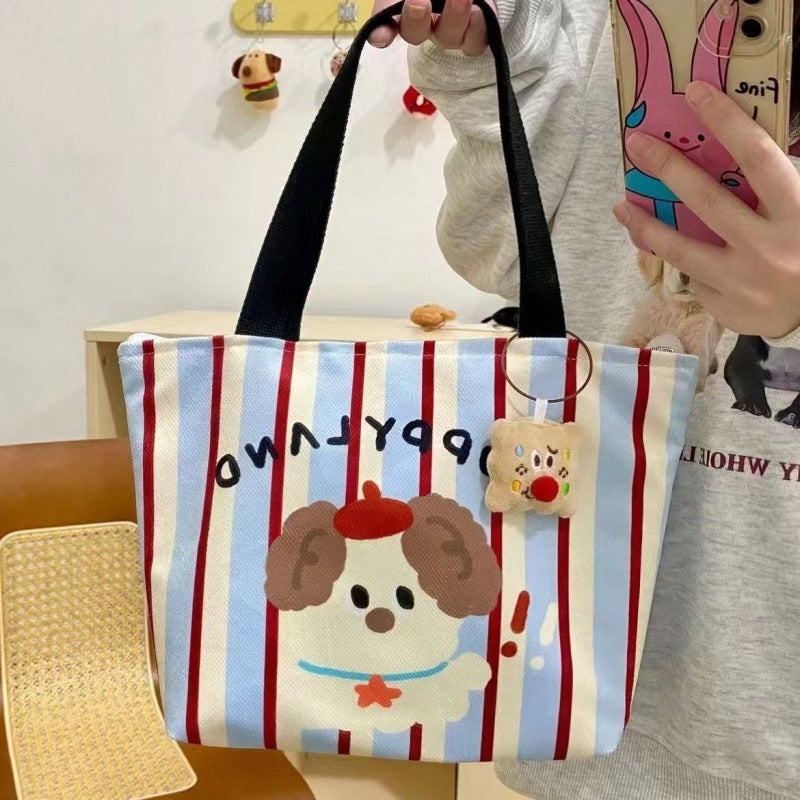 Women's Shoulder Bag Cute Puppy Printed Canvas Handbag Striped Design with Zipper Pocket Mobile Phone Bag