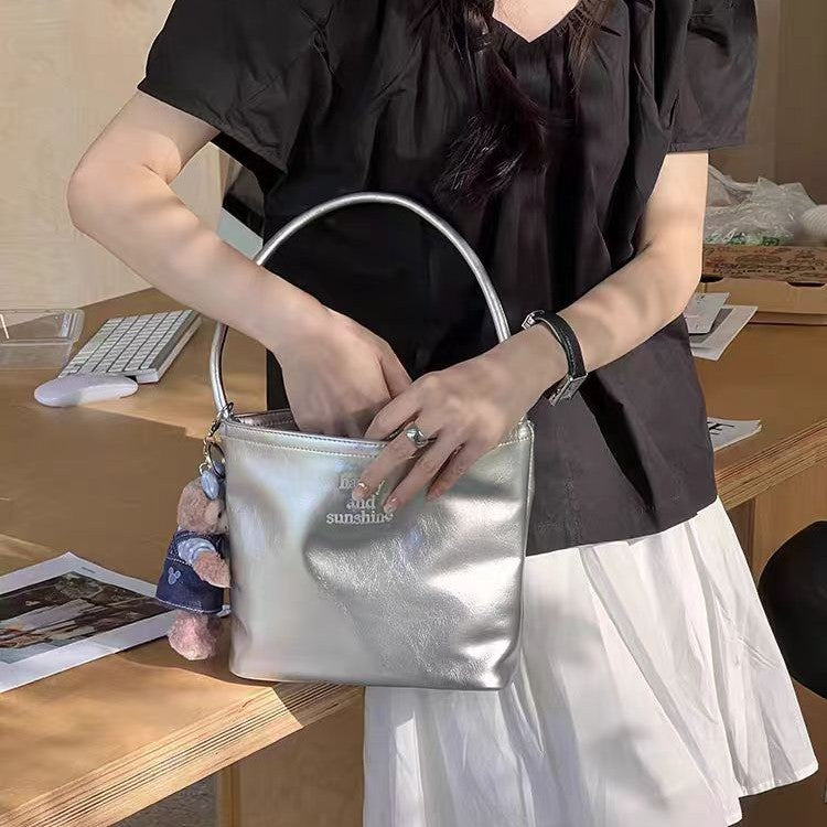 2025 New Fashion Women's PU Bucket Bag with Embroidery and Magnetic Closure, Casual Urban Style Crossbody Handbag