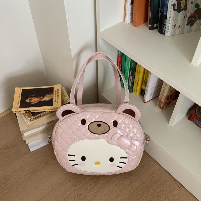 Cute Hello Kitty Quilted Shoulder Bag with Plush Charm, Fashionable and Sweet for Daily Use