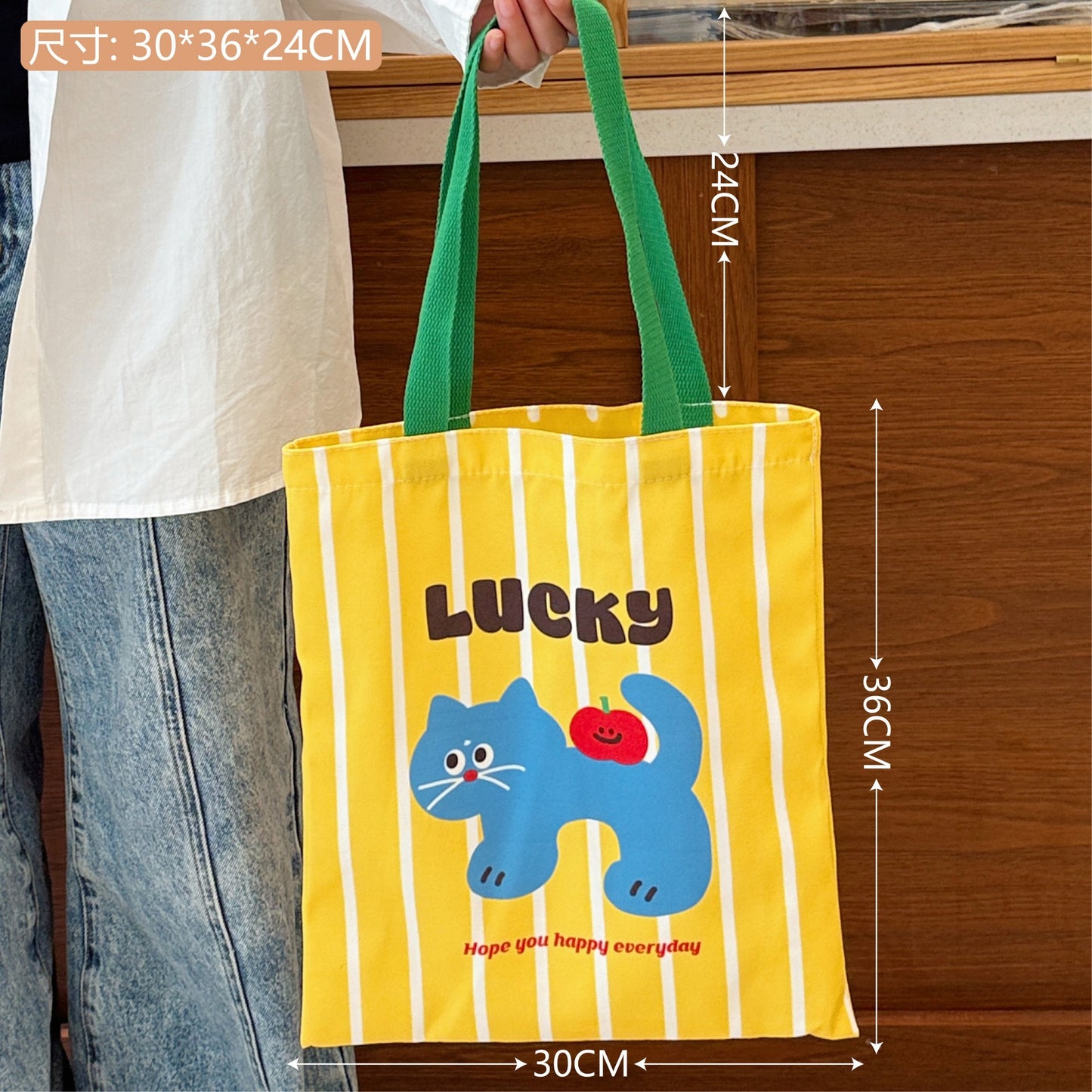 Cute Cartoon Canvas Bag Apple Kitten Canvas Bag Female Student Tuition Bag Handbag Double-Sided Cloth Bag
