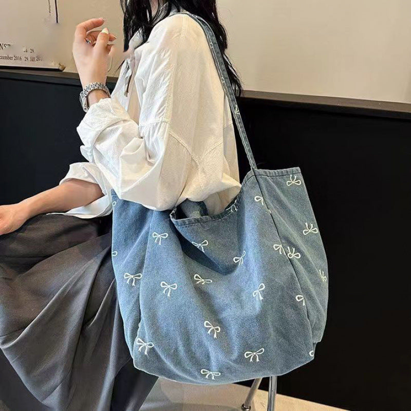 Cute Bow Embroidered Denim Tote Bag for Women, Large Capacity Casual Shoulder Bag with Lace Trim and Inner Pocket