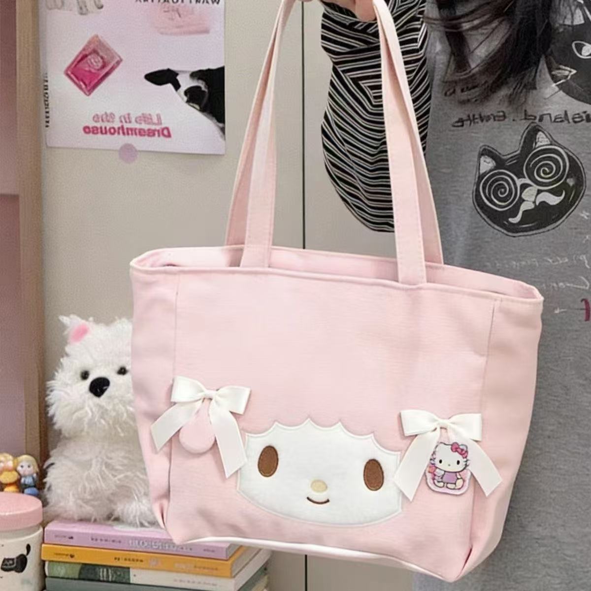 Cute Cartoon Tote Bag with Embroidered Design, Large Capacity Canvas Shoulder Bag for Daily Use