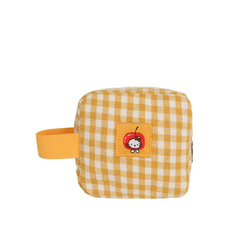 Cute Checkered Mini Cosmetic Bag with Cherry Hello Kitty Design, Perfect for Makeup and Daily Essentials