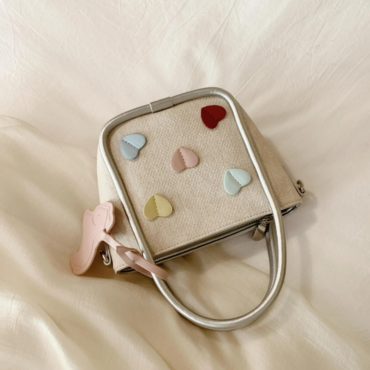 Cute Color-Blocked Canvas Tote Bag with Heart Appliques and Pony Charm for Women - Summer 2025 Trendy Daily Use Handbag