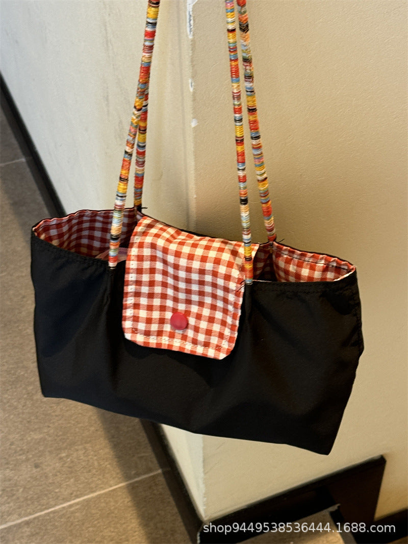 New Large Capacity Denim Shoulder Portable Checked Canvas Bag All-Match Commute Retro Casual Tote Bag Women