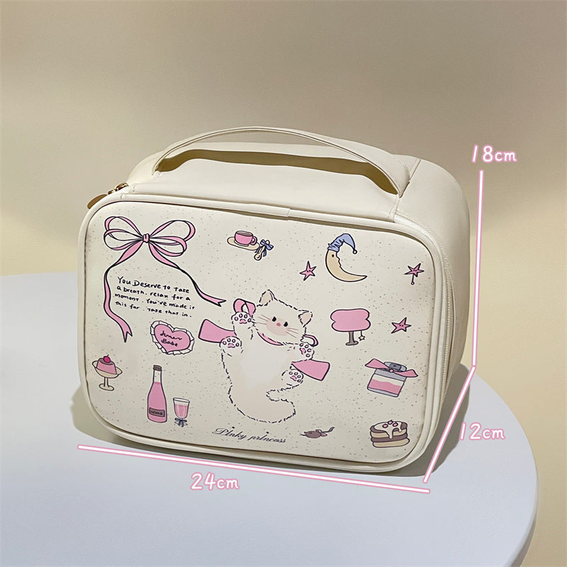 Cute Cat Design Cosmetic Bag for Women, Portable Large Capacity Waterproof Makeup Organizer with Handle, Perfect for Travel and Daily Use