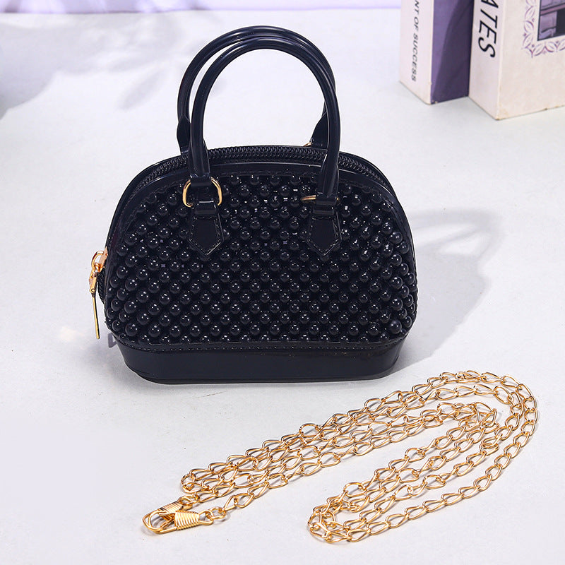 Cute Kids Beaded Handbag with Chain Strap for Girls, Fashionable Mini Shell Bag for Daily Use