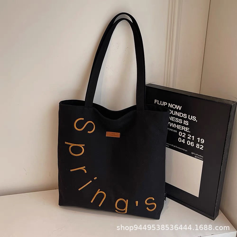 Spring Letter Embroidery Canvas Tote Bag for Women, Casual Large Capacity Shoulder Bag with Zipper Closure and Phone Pocket