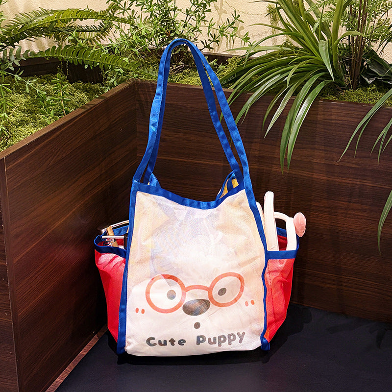 Cartoon Mesh Portable Shoulder Bag Women's Large Capacity Contrast Color Beach Bag Fitness Swimming Clothes Changing and Washing Storage Bag
