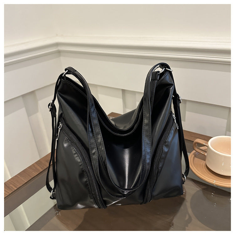 Vintage Fashion Large Capacity Soft PU Shoulder Bag with Zipper Closure and Stylish Stitching Details