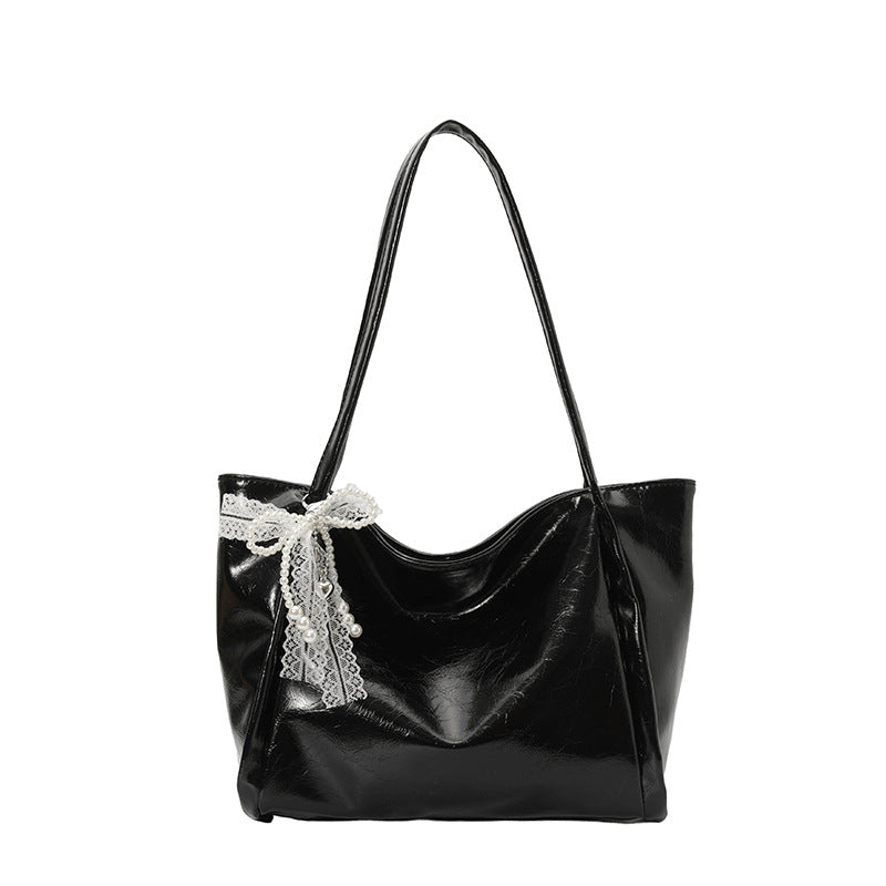 Elegant PU Tote Bag with Lace Detailing and Magnetic Closure for Daily Commute