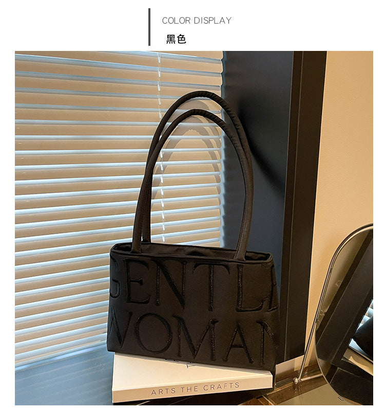 Elegant Embroidered Letter Tote Bag for Women, Stylish Satin Design with Double Handles and Zipper Closure