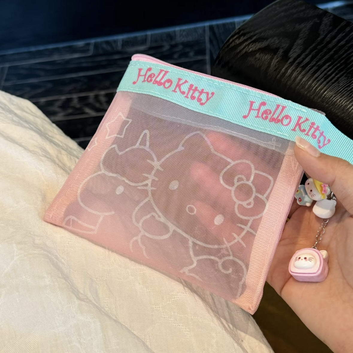 Cute Hello Kitty Mesh Pouch with Transparent Design for Cosmetics and Daily Essentials