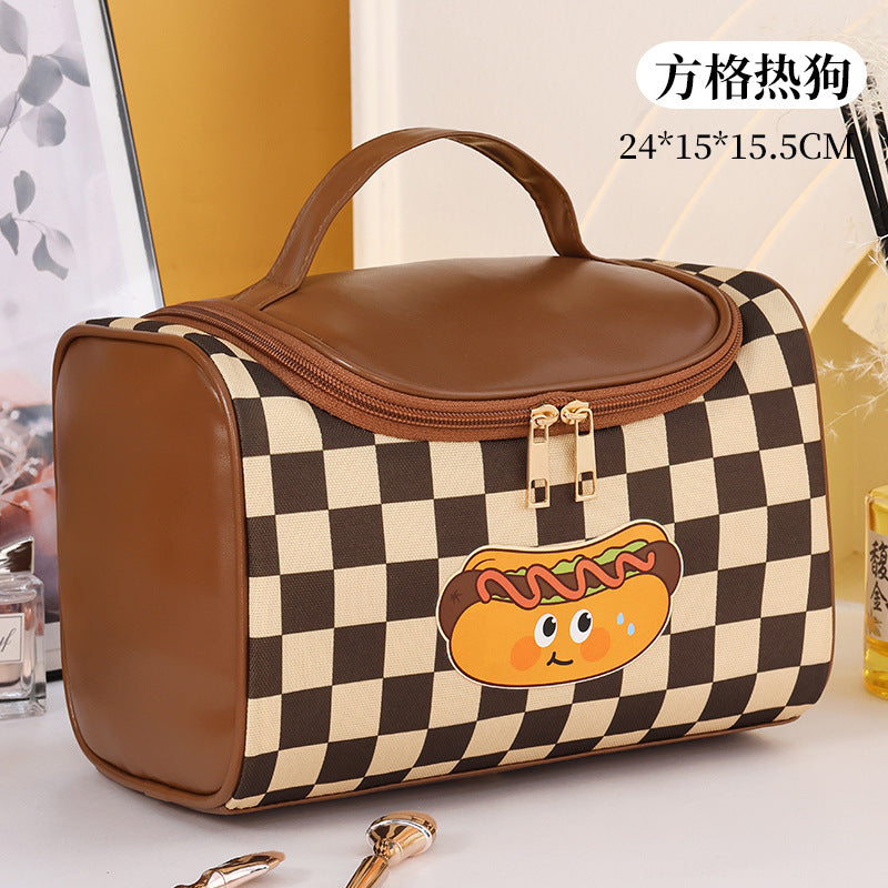 Checkered Hotdog Design Large Capacity Waterproof Cosmetic Bag for Travel and Daily Use