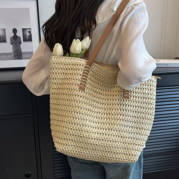 Summer Beach Straw Tote Bag Women's Casual Woven Shoulder Bag with Zipper Pocket for Daily Use