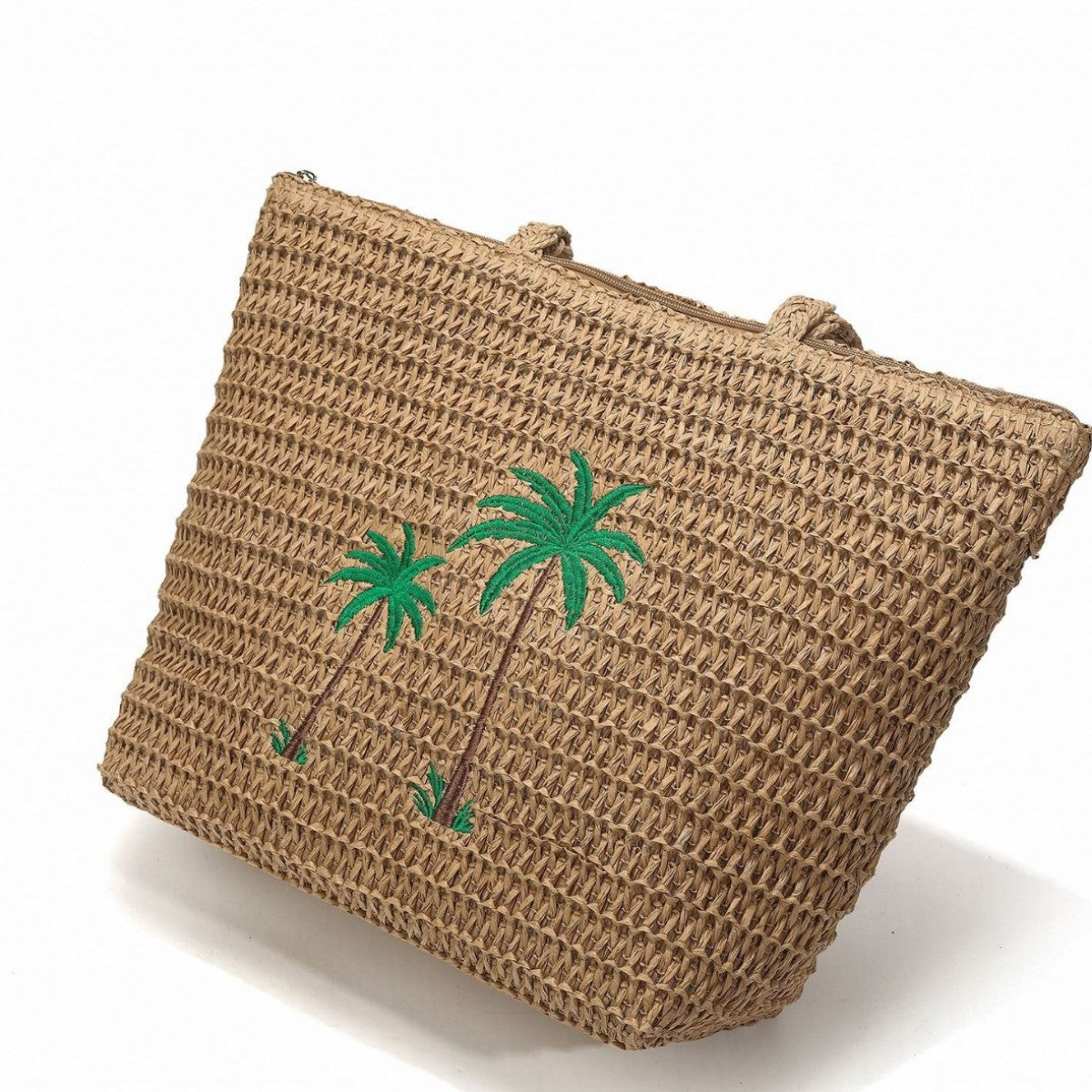 2025 Spring Summer New Style Woven Tote Bag with Palm Tree Embroidery, Large Capacity Straw Shoulder Bag for Daily Use