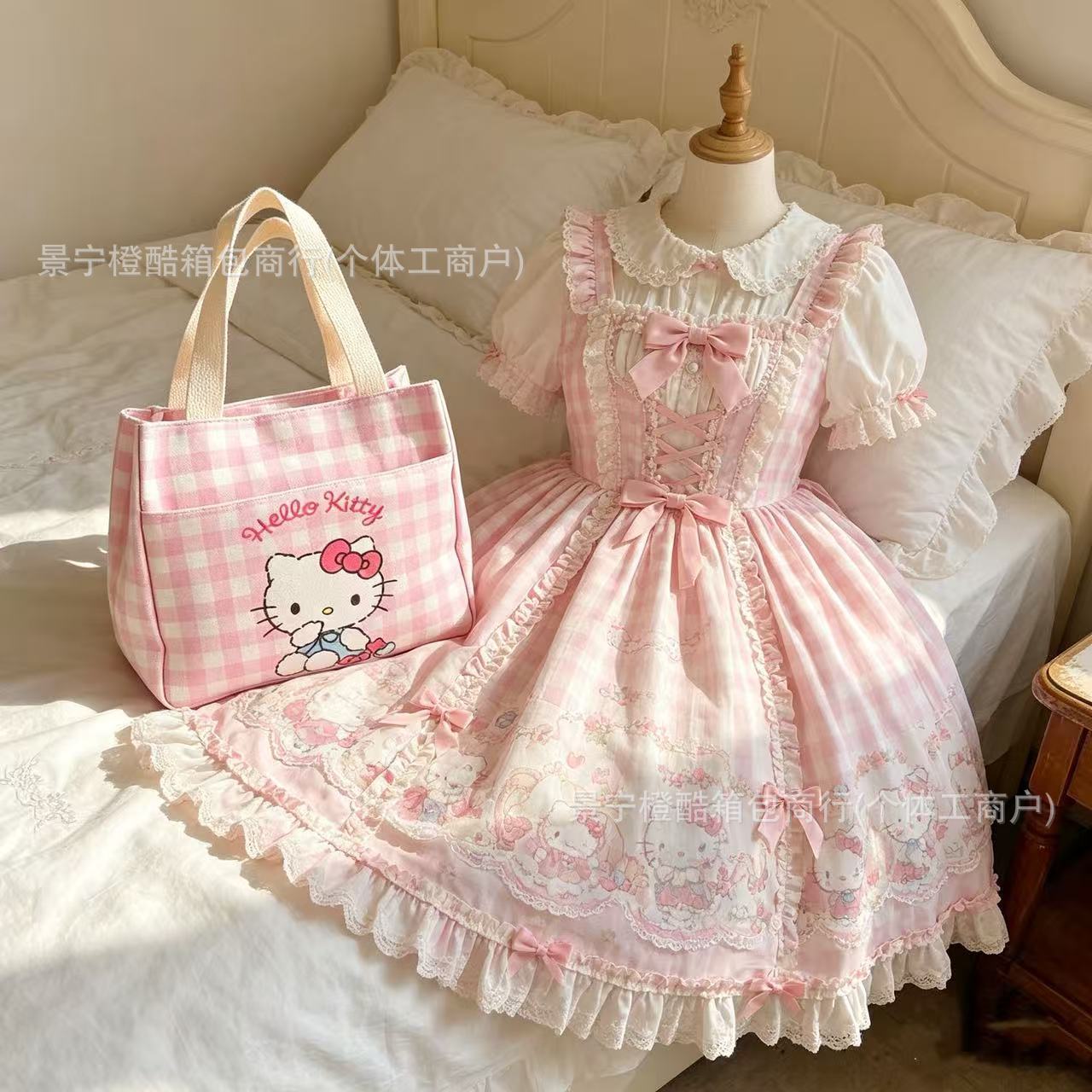 Cute Hello Kitty Checkered Canvas Tote Bag with Large Capacity for Daily Use, Perfect for Students and Office Workers