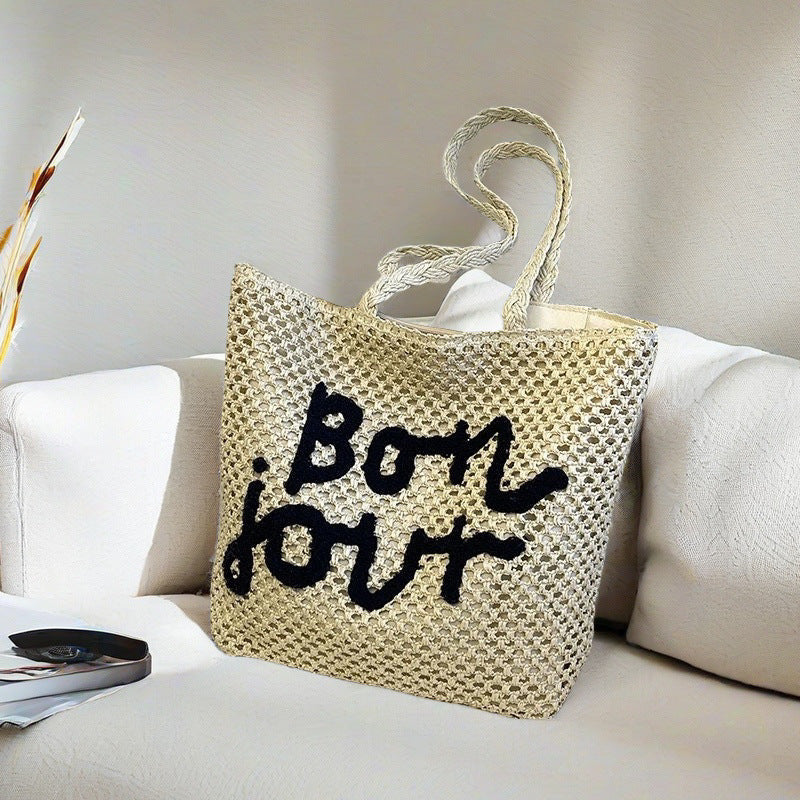 2025 New Letter Embroidery Woven Tote Bag Fashionable Shoulder Straw Bag Large Capacity Casual Beach Style