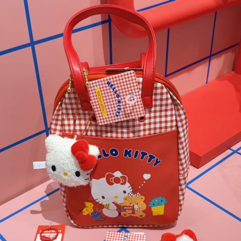 Hello Kitty Checkered Tote Bag with Cute Cartoon Design for Daily Use