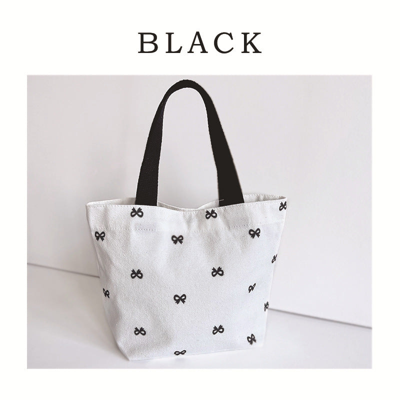 Cute Bow Print Canvas Tote Bag for Women, Fashionable Everyday Carry with Phone Pocket and Double Handles