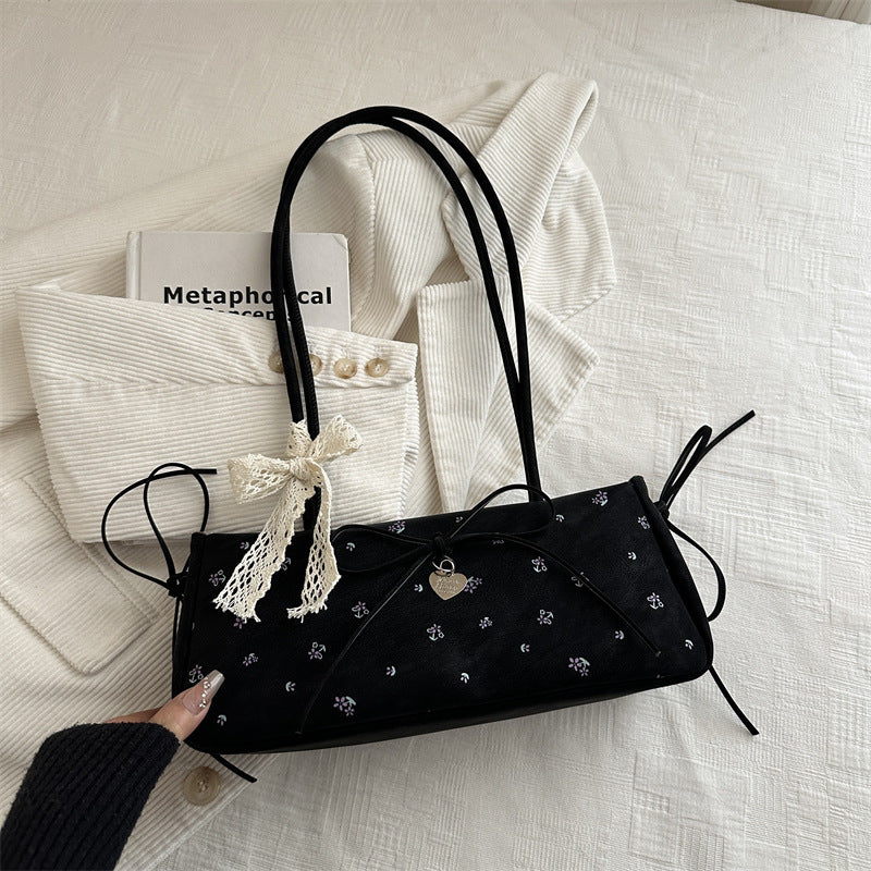New Fashion Embroidered Handbag for Women Commuter's All-Matching Shoulder Underarm Bow Decoration Baguette Bag