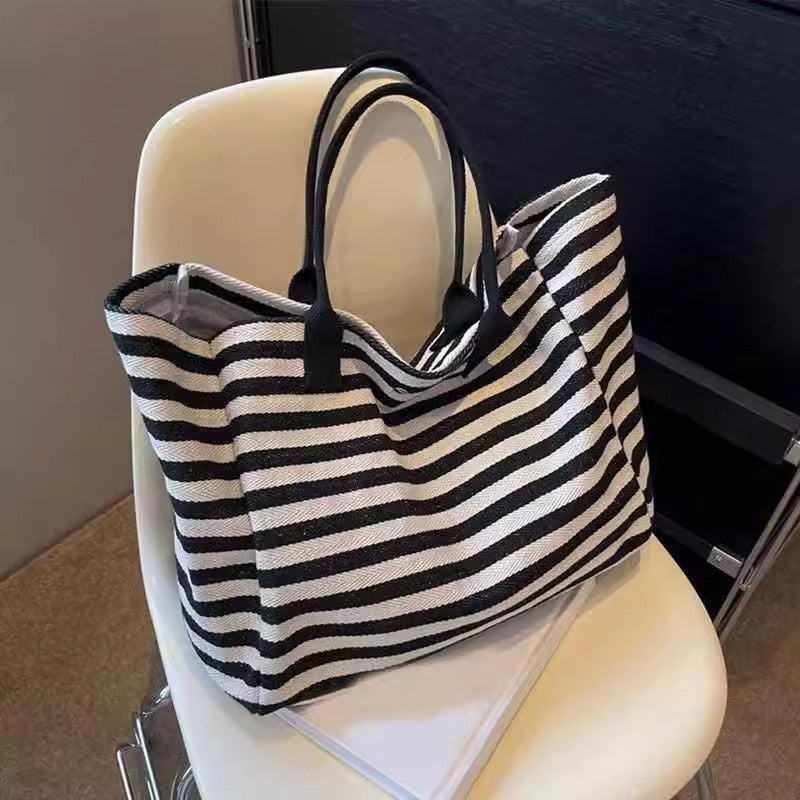 2025 New Striped Canvas Tote Bag for Women, Large Capacity Shoulder Bag with Phone Pocket, Urban Minimalist Style