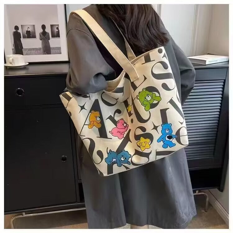 New Fashion Canvas Tote Bag for Women with Cute Bear Print, Large Capacity, Daily Commute & Casual Style