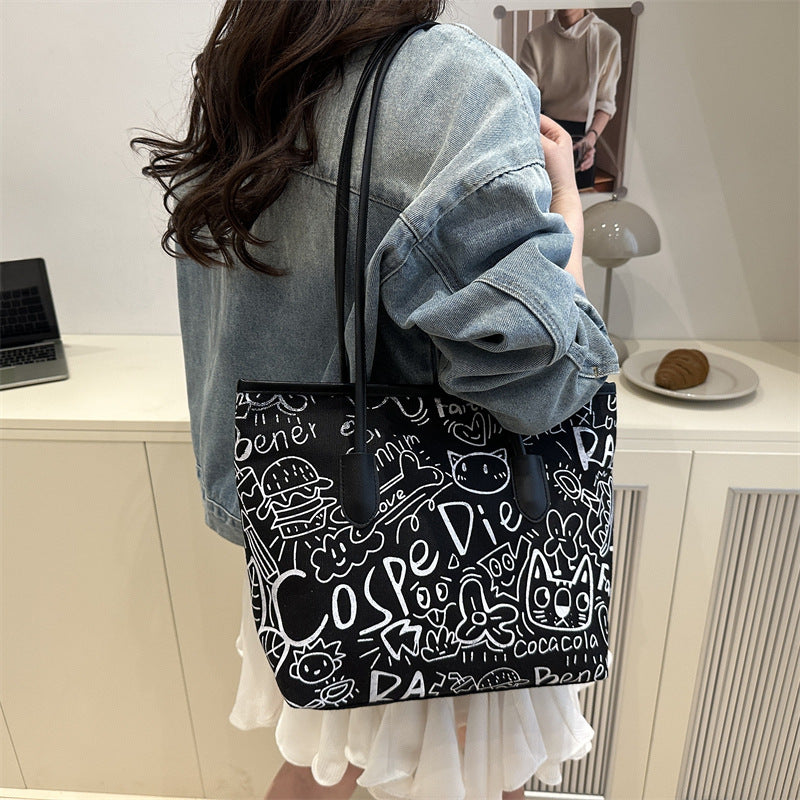 Graffiti Canvas Bag Women's New Casual Shoulder Bag Versatile Large Capacity Commuter Tote