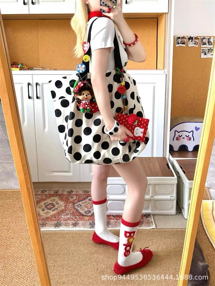 Shoulder Bag Female Korean Simple Polka Dot Idle Style Student Class Commuting Large Capacity Totes Double-Sided Canvas Bag