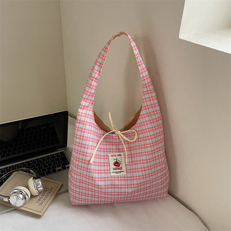 Korean Style Cartoon Tomato Plaid Tote Bag with Large Capacity, Fashionable Crossbody Bag for Students and Daily Use