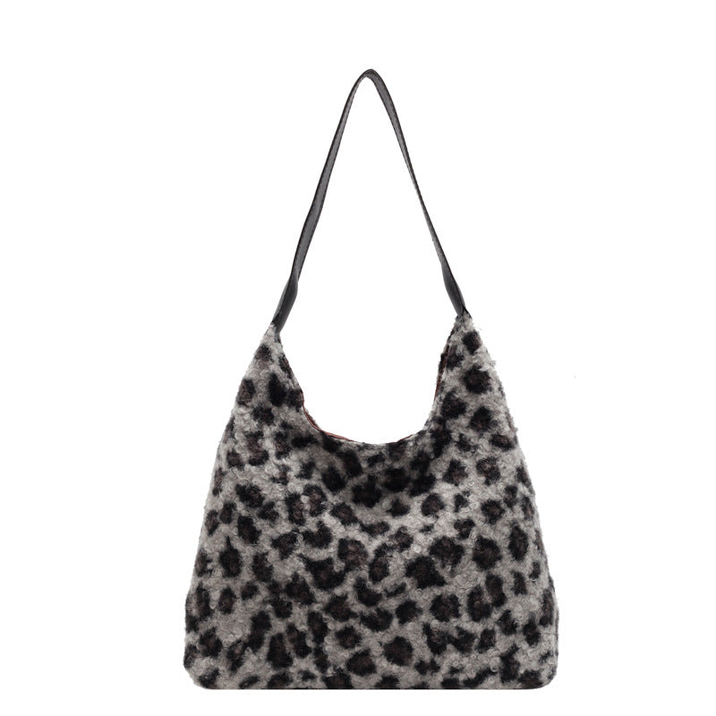 Large Capacity Leopard Print Plush Bag Women's New Special-Interest Design Shoulder Underarm Bag Commuter Tote
