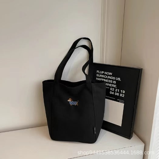 Stylish Canvas Tote Bag with Embroidered Dachshund Design, Large Capacity for Daily Commute and School Use