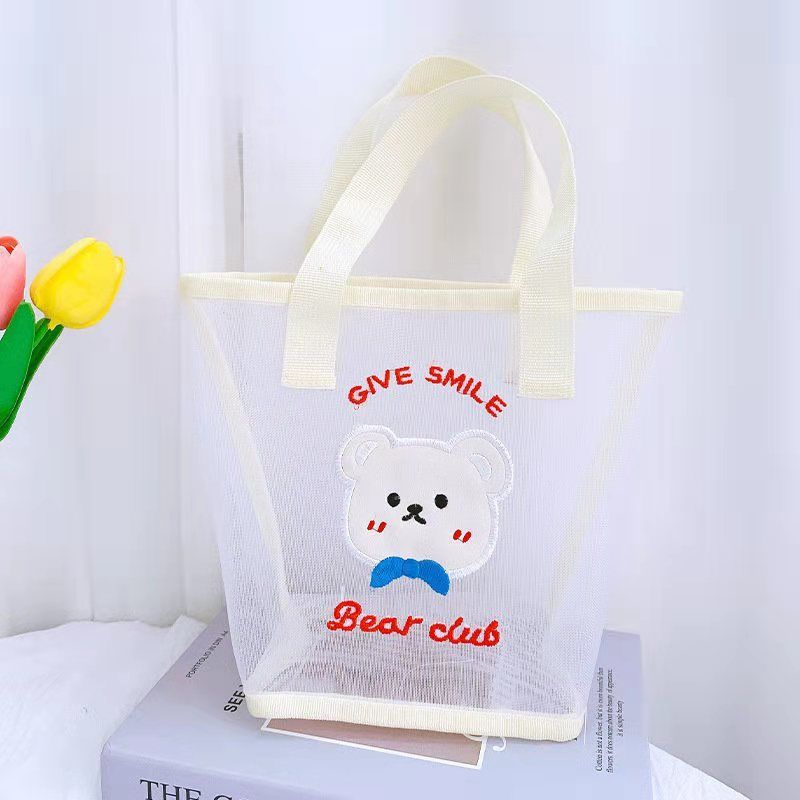 Cute Bear Embroidered Transparent Mesh Tote Bag for Daily Use and Beach Outings