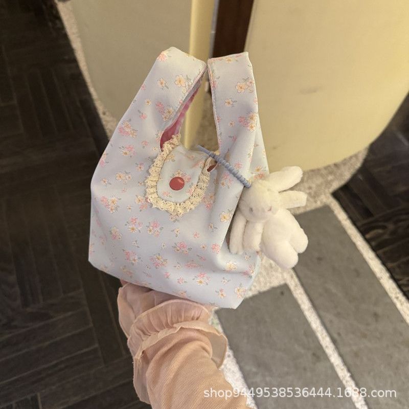 New Floral Canvas Bag for Female Students Simple Large Capacity Work All-Match Lightweight Lunch Box Bento Handbag