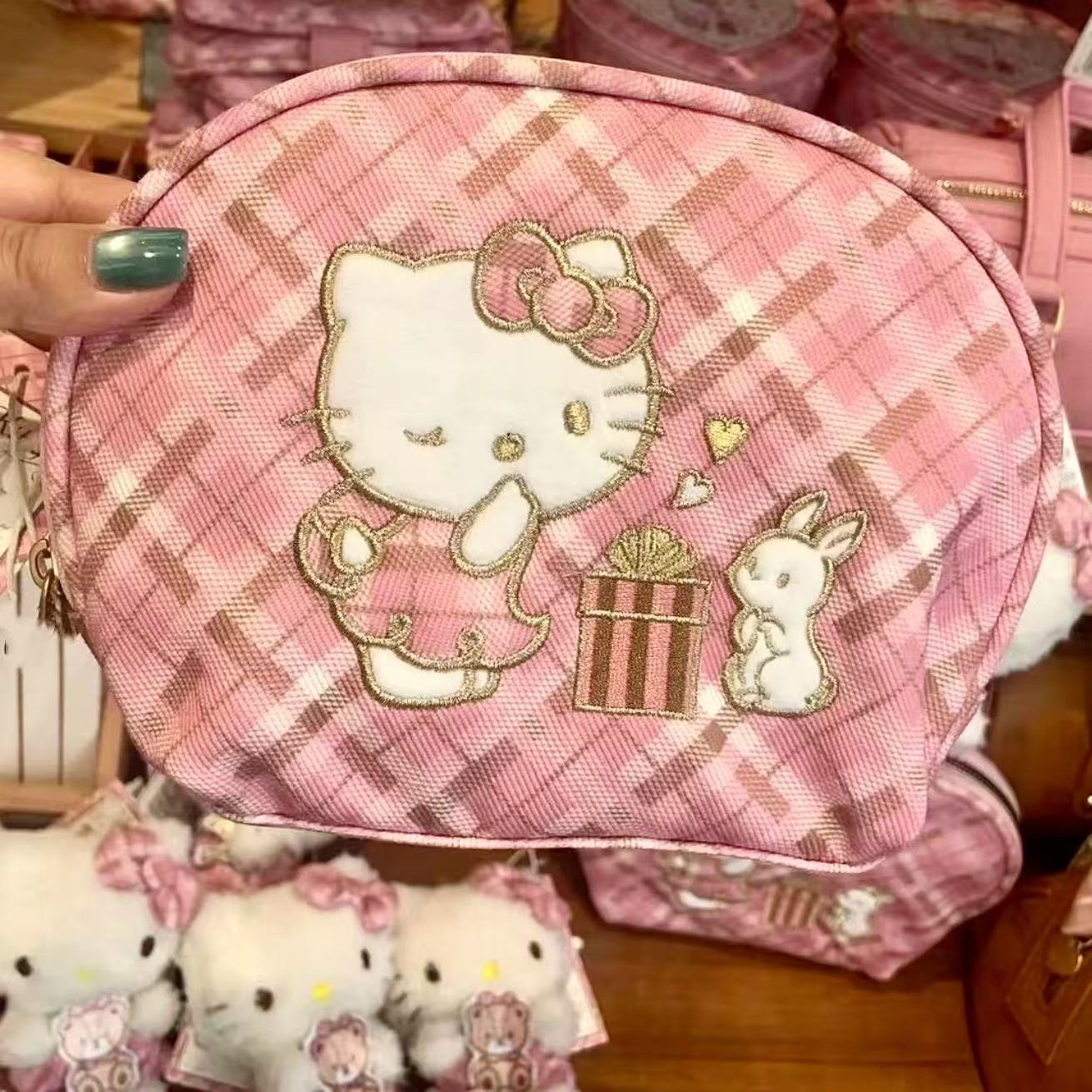 Retro Plaid Kitty Storage Bag Women's Portable Outing Small Embroidery Cute Student Cosmetic Bag