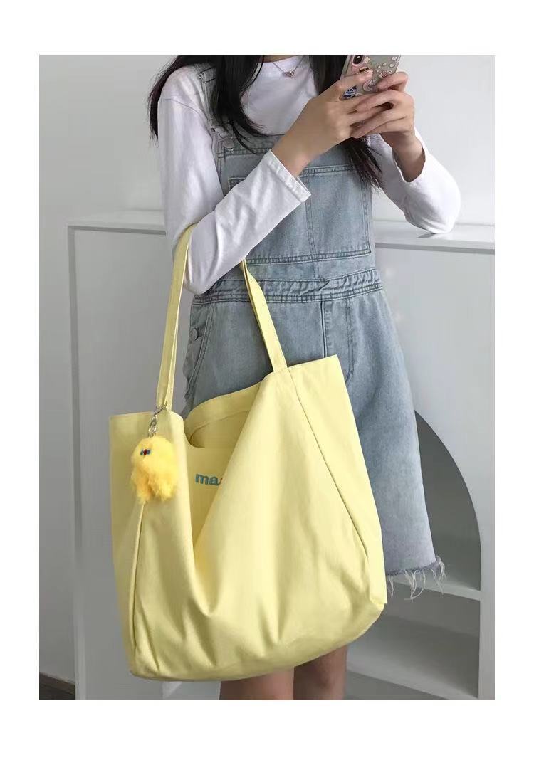 Cute Candy Color Canvas Tote Bag with Letter Print and Fluffy Charm for Daily Use and School
