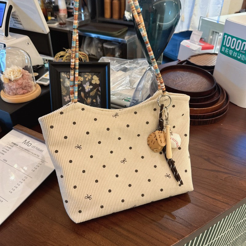 New Women's Tote Retro Corduroy Polka Dot Bow Fashion Shoulder Commuter Bag Everyday Joker