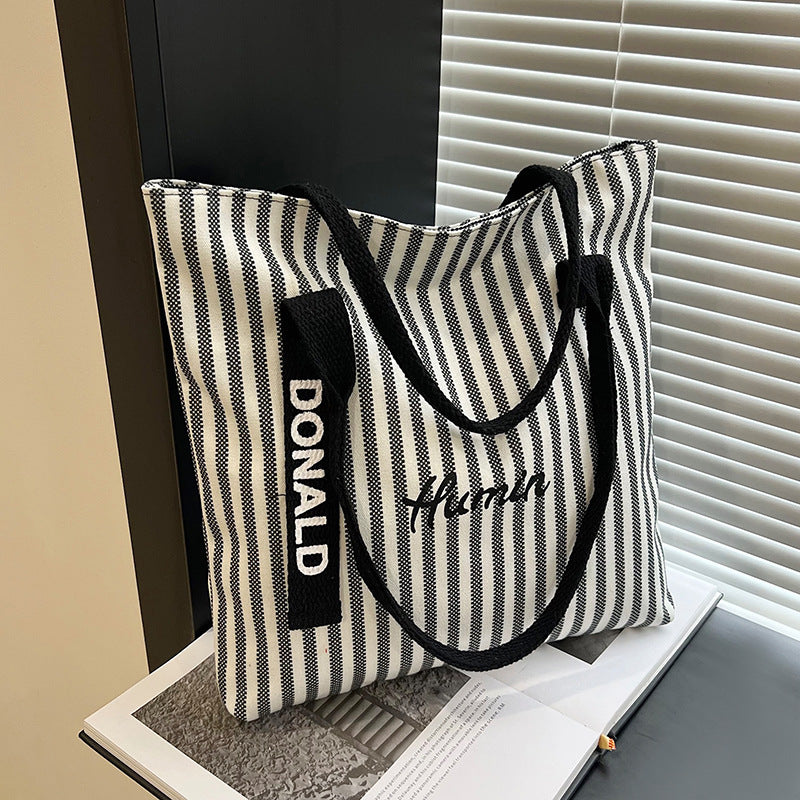 Summer Stripes Canvas Bag for Women New Large Capacity Tote Korean Style Shoulder Commuter Tote
