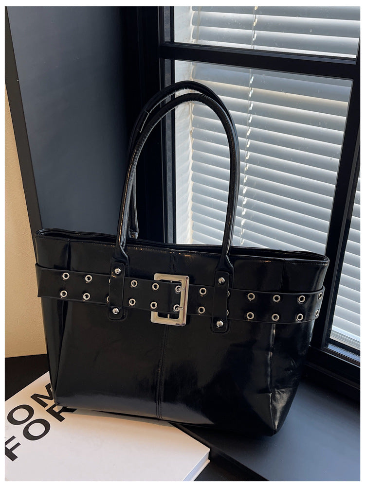 Tote Bag Women's Personality Belt Rivet Button Large Capacity Commuter Korean Style Fashion Simple Shoulder Underarm Handbag