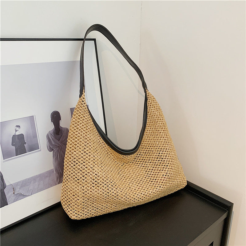 Retro Large Capacity Straw Woven Bag Women's New Vintage Weave Beach Underarm Bag Leisure Commuter Bag