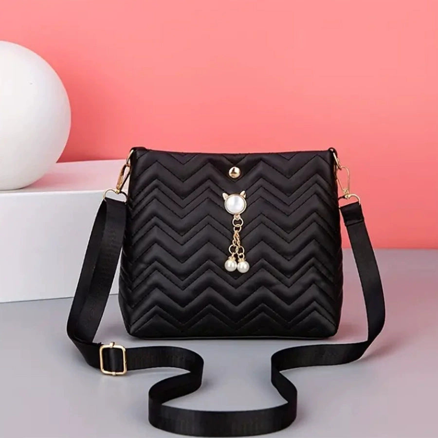 Chic Chevron Quilted Crossbody Bag with Cat Pearl Charm and Magnetic Closure for Daily Fashion