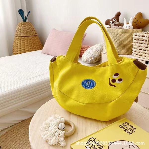 Cute Cartoon Embroidery Canvas Handbag for Daily Use, Soft Shell Shape with Magnetic Closure and Dual Handles