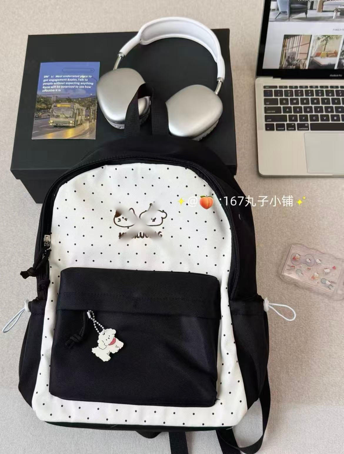 Cute Polka Dot Backpack with Embroidery Design for Girls, Fashionable and Durable School Bag with Front Pocket and Charm