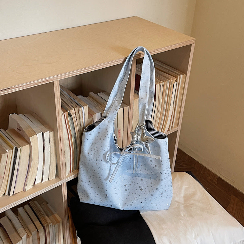 Starry Tote Bag for Women 2026 New Fashion Large Capacity Daily Commute Simple Style Shoulder Bag with Bow and Star Charm